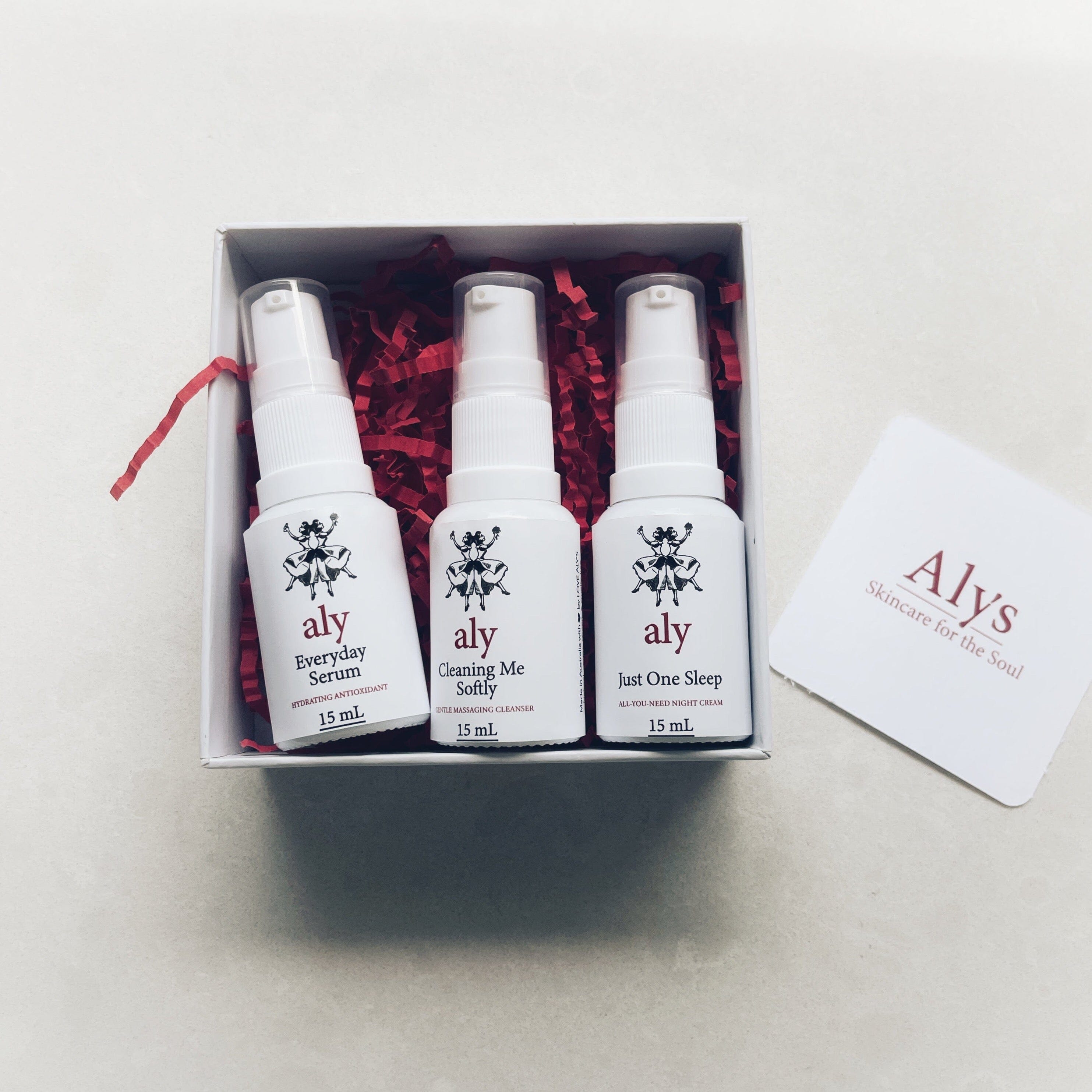 ALY'S STARTER KIT | EVERYDAY SERUM 15 mL + CLEANING ME SOFTLY 15 mL + JUST ONE SLEEP 15 mL CLEANSER LOVE ALY'S